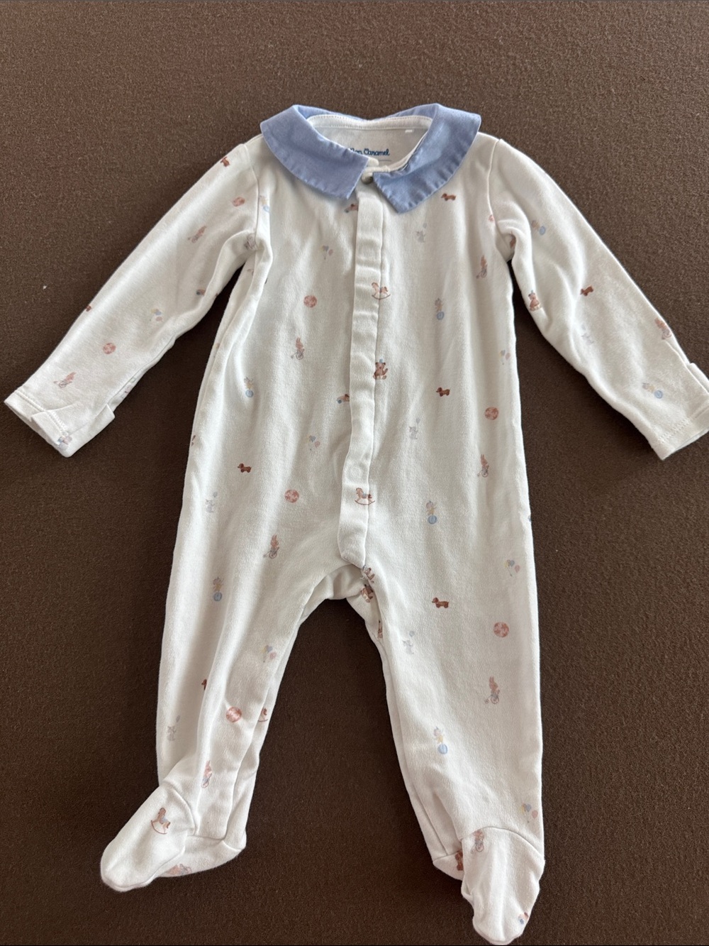 Caramel Cream Footie One-Piece with Blue Collar and Ditsy Print